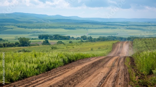 Serene Sunrise Over Lush Green Fields Along a Dirt Path in Early Morning