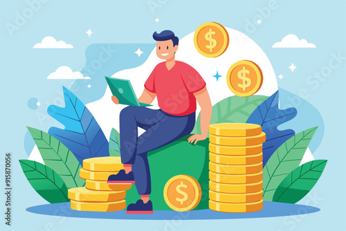 A young man relaxes on a stack of coins, focusing on his tablet amidst vibrant greenery and sparkling gold coins in a cheerful outdoor space