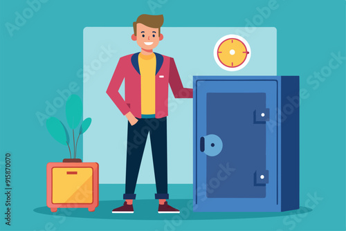 A man poses next to a safe box, smiling confidently in a bright, modern room filled with plants