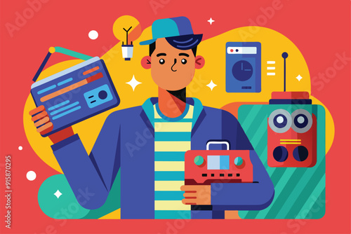 A man holds various electronic devices and a credit card while surrounded by colorful objects in a lively environment, showcasing modern day-to-day life