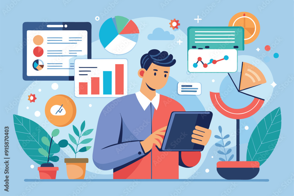A man studies various infographics displayed on his tablet, surrounded by colorful charts and plants in a modern office environment A man studies various infographics displayed on his tablet, surrounded by colorful charts and plants in a modern office environment