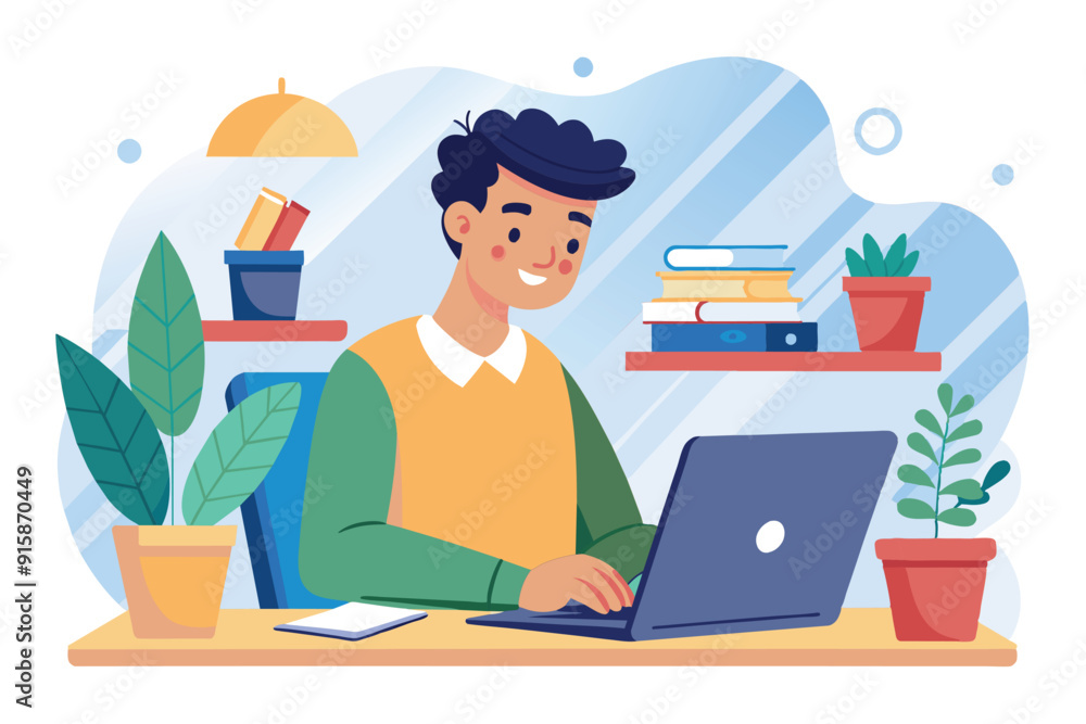 A man sits at a desk, focused on his laptop, surrounded by books, plants, and stationery in a cheerful home office setting A man sits at a desk, focused on his laptop, surrounded by books, plants, and stationery in a cheerful home office setting