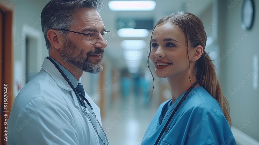 A doctor and nurse, in a hospital hallway, the essence of human interaction in a medical setting. Generative AI. A doctor and nurse, in a hospital hallway, the essence of human interaction in a medical setting. Generative AI.