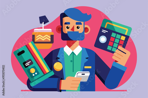 A man is actively using an EDC machine and a credit card while surrounded by vibrant devices in a lively environment