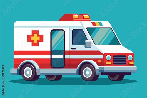 A vibrant cartoon ambulance with distinctive markings, designed for use in various emergency service contexts, showcasing a dynamic, engaging style