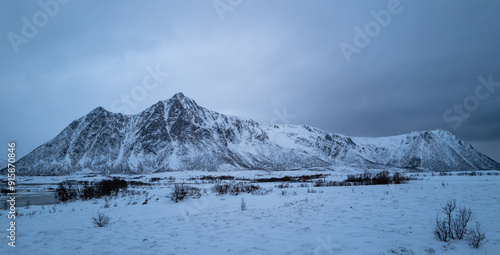 Snowy mountain range with rugged peaks, sparse vegetation, creating a serene winter scene, Lofoten, Norway
