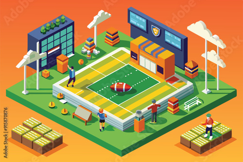 Players set up an American football field, arranging equipment and discussing strategies in a vibrant outdoor location
