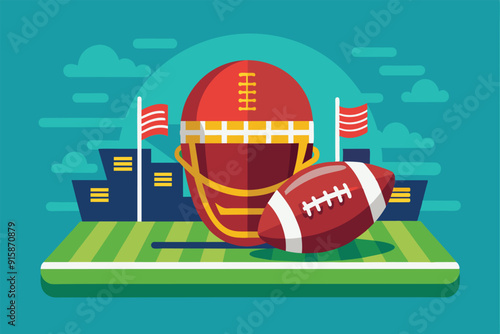 A vibrant depiction of a football helmet and ball on a grassy field, framed by a stadium and waving flags, capturing the essence of American football culture