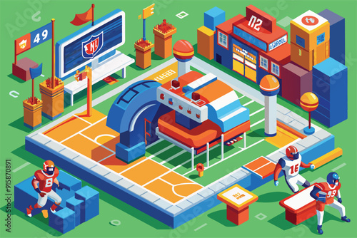 A vibrant isometric design showcases a football stadium with players, a scoreboard, and fan areas, capturing the excitement of game day