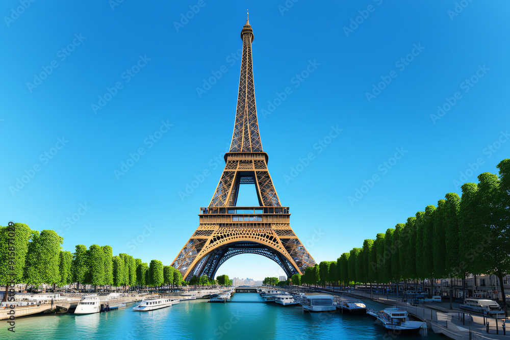 Fototapeta premium Eiffel tower. Paris, France. The famous historical landmark on the Seine. Romantic, tourist, symbol of the greatness of architecture.