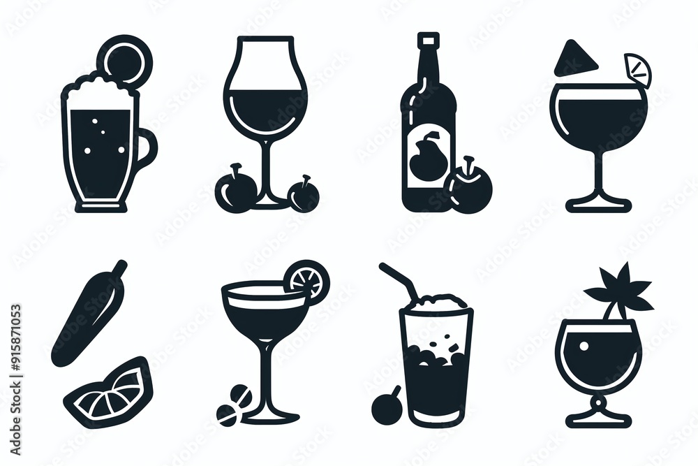 Monochrome Cocktail and Beverage Icon Set in Flat Design, Black and White Drink Icons on White Background, Ideal for Bar Branding, Digital Menu Design, and Restaurant Marketing
Monochrome Cocktail and Beverage Icon Set in Flat Design, Black and White Drink Icons on White Background, Ideal for Bar Branding, Digital Menu Design, and Restaurant Marketing
