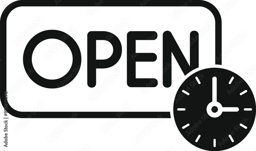 Clock showing open time on signboard icon, simple style Clock showing open time on signboard icon, simple style