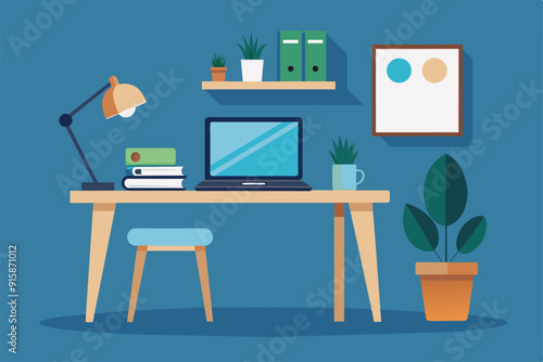 A minimalist workspace showcases a laptop, a notebook, and a stylish desk lamp, accompanied by potted plants, creating an inviting work environment