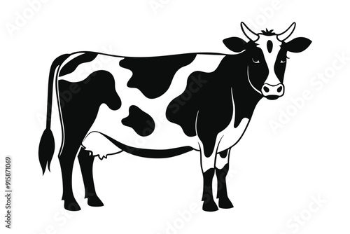 A minimalist illustration depicts a dairy cow standing gracefully in an open field, embodying simplicity and calm in its design