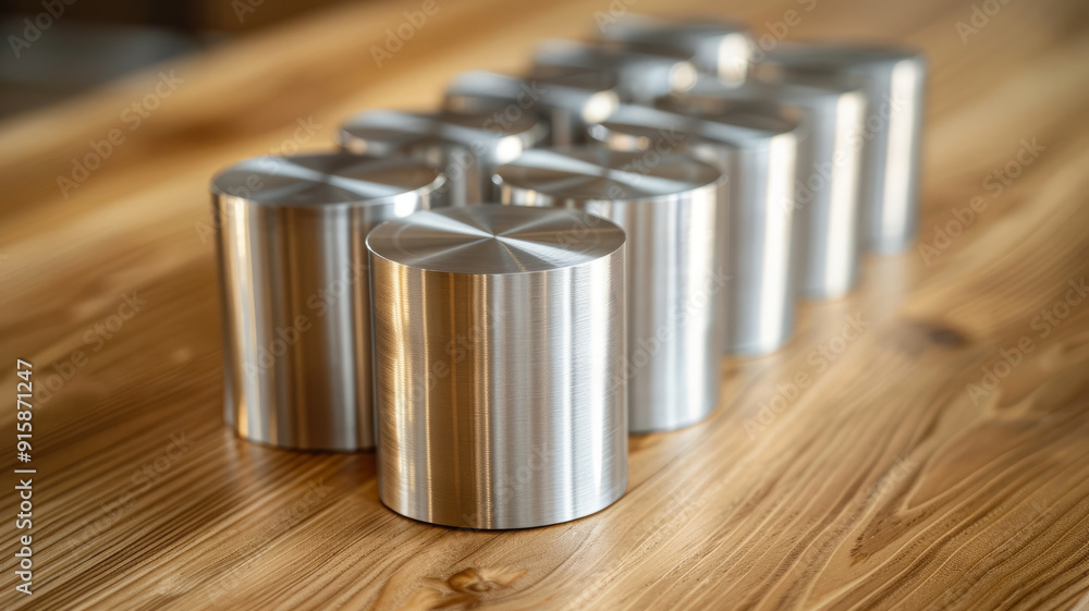Close-up of polished metal cylinders on a wooden surface. Close-up of polished metal cylinders on a wooden surface.