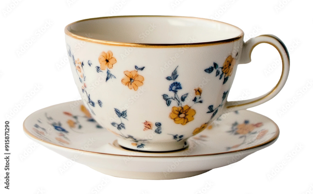 Decorative floral teacup and saucer, cut out - stock png.