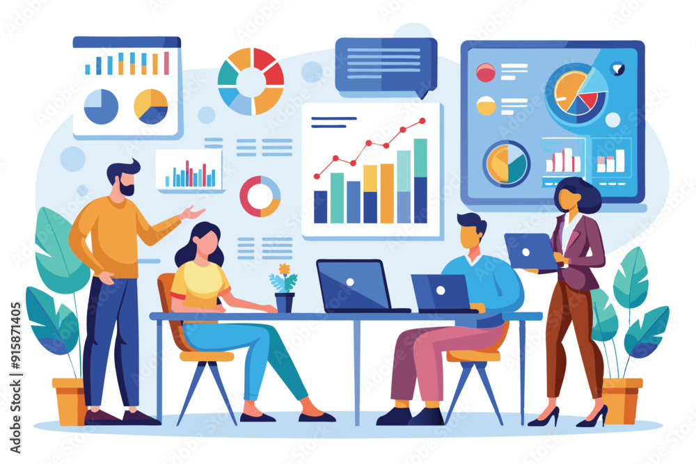 Fototapeta premium Business team members engage in analysis and monitoring discussions, reviewing data and visualizations while collaborating in a vibrant office setting