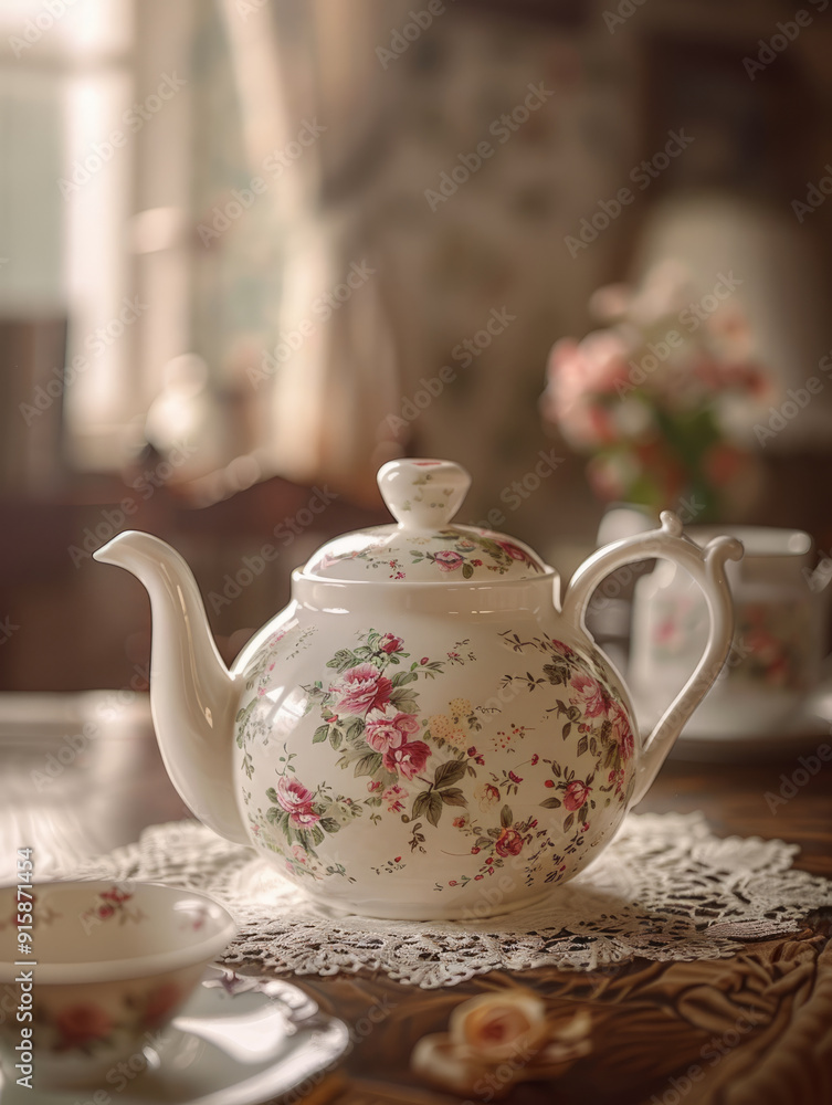 Porcelain teapot with a floral design on a lace doily and cup. Porcelain teapot with a floral design on a lace doily and cup.