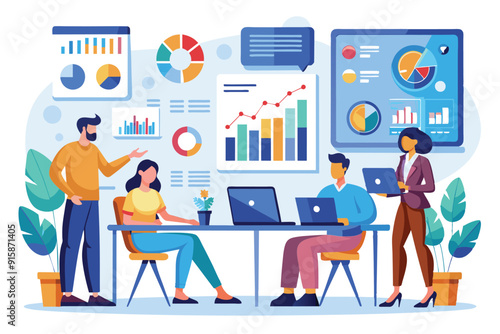 Business team members engage in analysis and monitoring discussions, reviewing data and visualizations while collaborating in a vibrant office setting