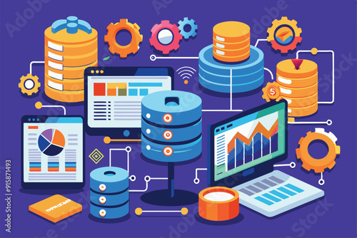 A visual representation illustrates database management and analysis techniques, showcasing tools and processes for effective data handling in a digital environment