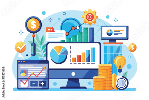 Charts and graphs illustrate business development data focused on income growth within a digital workspace, showcasing analysis and strategic insights