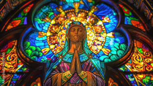 A colorful stained glass artwork showcases a figure in prayer surrounded by intricate designs and patterns photo