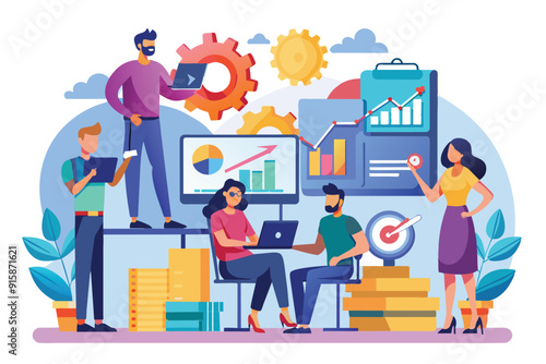 Team members engage in collaborative analysis for a business project using laptops and charts in a vibrant office environment