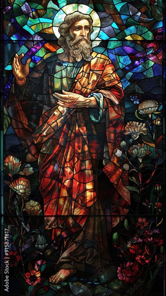 A religious figure stands majestically amidst colorful flowers in a cathedral's stained glass window A religious figure stands majestically amidst colorful flowers in a cathedral's stained glass window