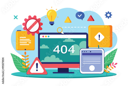 A computer screen displays a 404 error surrounded by warning symbols, alerts, and icons representing digital connectivity issues and network errors
