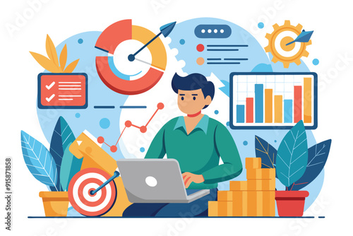 An analyst engages with data, analyzing trends and targets while utilizing graphs and charts in a productive office environment filled with plants