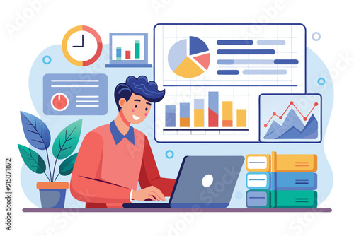 An analyst inputs data trends on a laptop surrounded by charts, graphs, and plants, representing a productive workspace