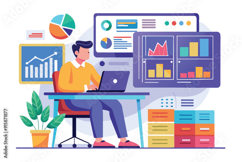 A data analyst processes trends and inputs data while seated at a desk surrounded by colorful charts and plants in a contemporary office