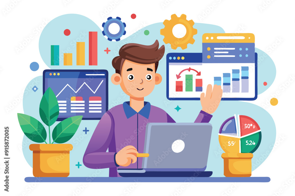 A young professional engages in data analysis on a laptop, surrounded by colorful charts and graphs in a modern office environment A young professional engages in data analysis on a laptop, surrounded by colorful charts and graphs in a modern office environment