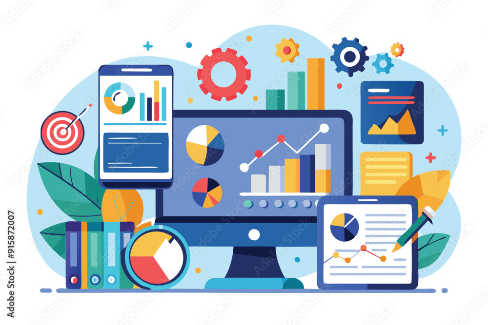 A vibrant workspace showcases a customizable analytics dashboard filled with various graphs, charts, and devices, emphasizing data visualization A vibrant workspace showcases a customizable analytics dashboard filled with various graphs, charts, and devices, emphasizing data visualization