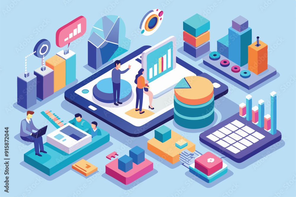 This illustration showcases diverse professionals engaging in data analytics tasks using various digital tools in a modern office setting This illustration showcases diverse professionals engaging in data analytics tasks using various digital tools in a modern office setting