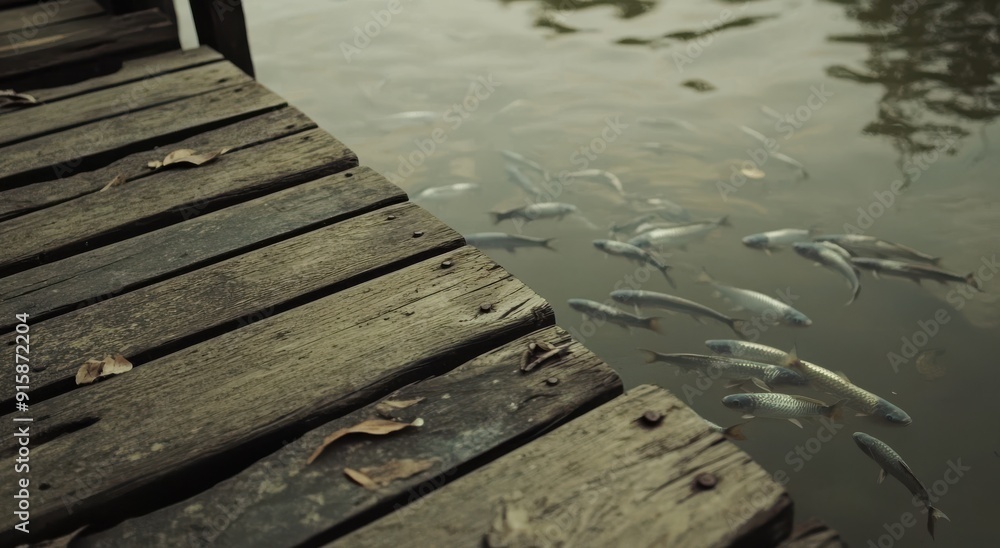 old wooden dock with fish swimming in the background old wooden dock with fish swimming in the background