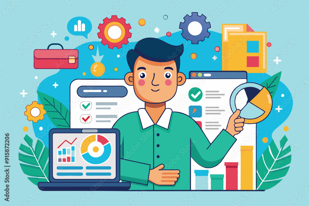 A cartoon character holds a magnifying glass, examining data on a laptop, surrounded by colorful graphics and office supplies in a vibrant workspace A cartoon character holds a magnifying glass, examining data on a laptop, surrounded by colorful graphics and office supplies in a vibrant workspace