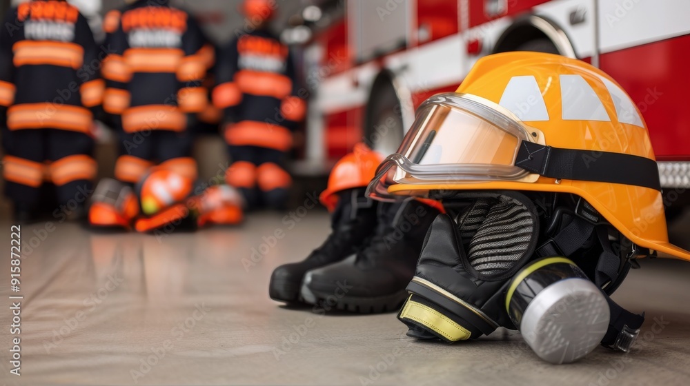 Fototapeta premium Firefighting Gear Prepared for Training Exercise at Local Fire Station