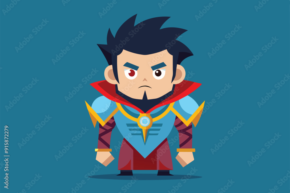A customizable illustration showcases a heroic character with a serious expression, wearing ornate armor and a vibrant cape against a simple background A customizable illustration showcases a heroic character with a serious expression, wearing ornate armor and a vibrant cape against a simple background