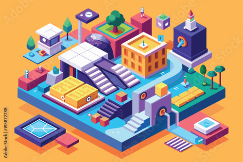 A lively urban setting showcases diverse architectural designs, playful elements, and individuals engaging in various activities throughout the area