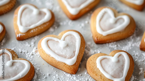 Heart-shaped iced cookies on a white surface with powdered sugar.