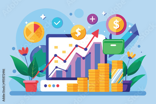 Graphs display positive trends in financial growth alongside colorful coins and plants on a bright desktop setting