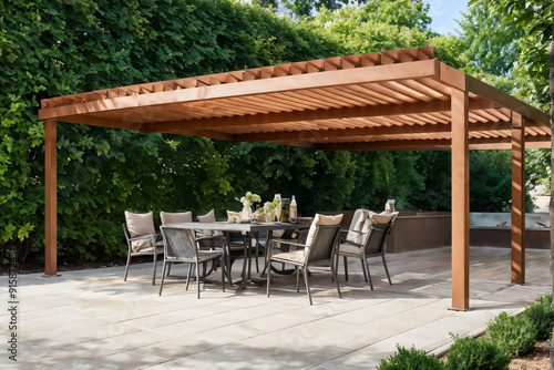 Modern patio furniture include a pergola shade structure, an awning, a patio roof, a dining table, seats, and a metal grill. Generative AI