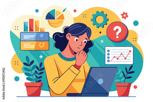 A young individual thoughtfully examines data on a tablet, focused on solving issues in a vibrant workspace filled with charts and greenery