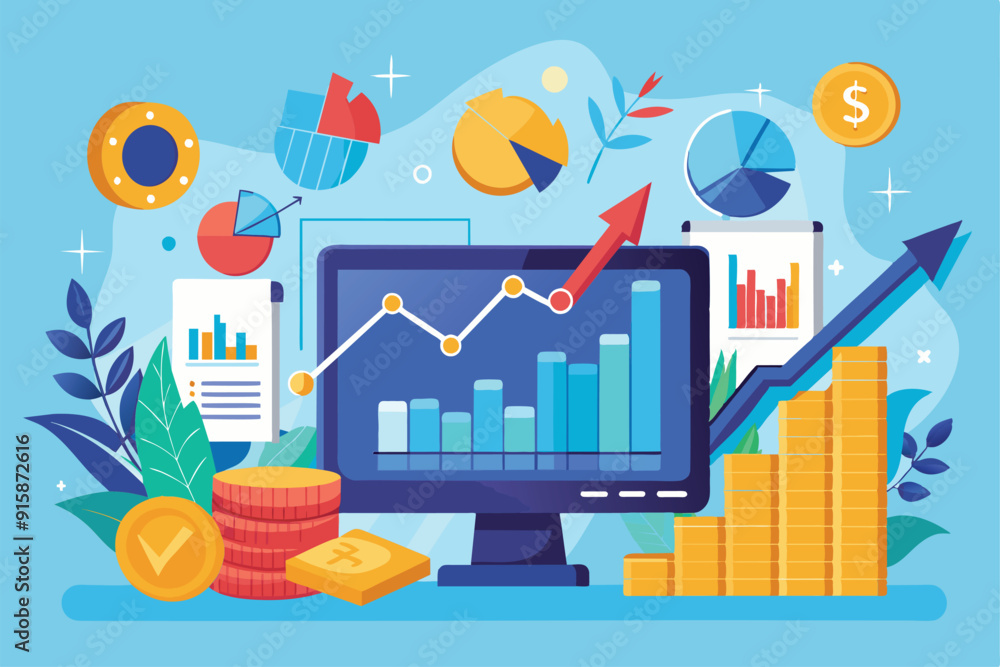 custom made wallpaper toronto digitalA computer screen displays trading growth data with graphs, charts, and currency elements, representing financial analysis in a digital workspace