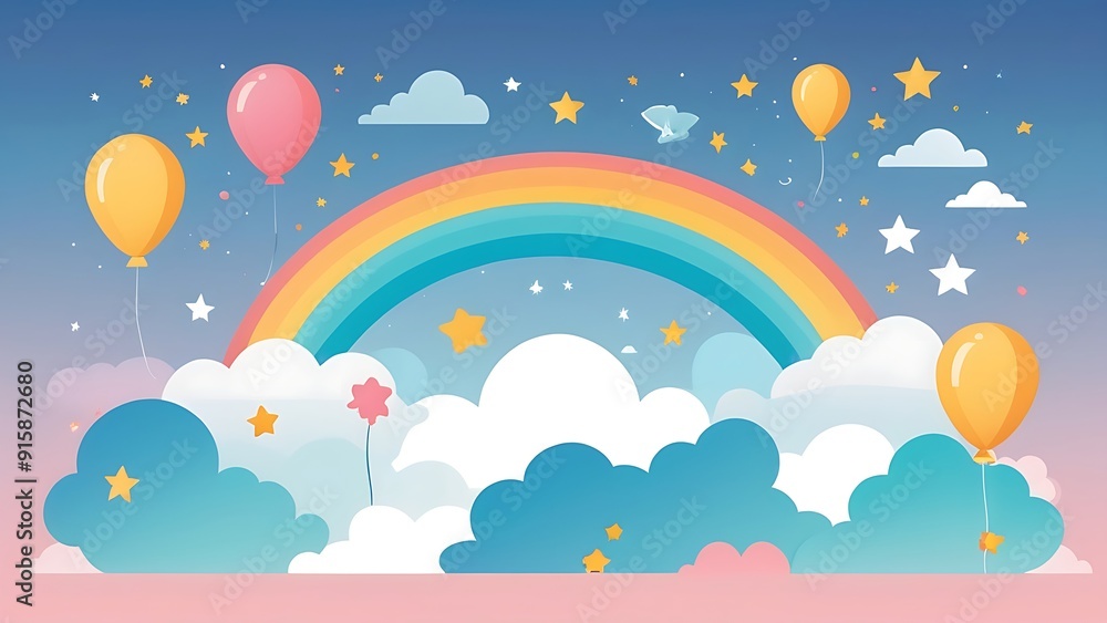 Hot air balloons float among clouds, stars, trees, hills, and a white circle. Perfect for travel, adventure, dreamy concepts. Hot air balloons float among clouds, stars, trees, hills, and a white circle. Perfect for travel, adventure, dreamy concepts.