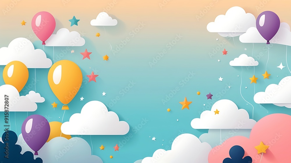 Hot air balloons float among clouds, stars, trees, hills, and a white circle. Perfect for travel, adventure, dreamy concepts. Hot air balloons float among clouds, stars, trees, hills, and a white circle. Perfect for travel, adventure, dreamy concepts.