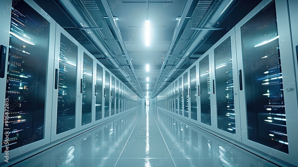 Obraz premium A datacenter. server racks with telecommunication equipment in server room. Generative AI.