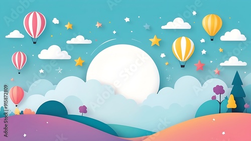 Hot air balloons float among clouds, stars, trees, hills, and a white circle. Perfect for travel, adventure, dreamy concepts.