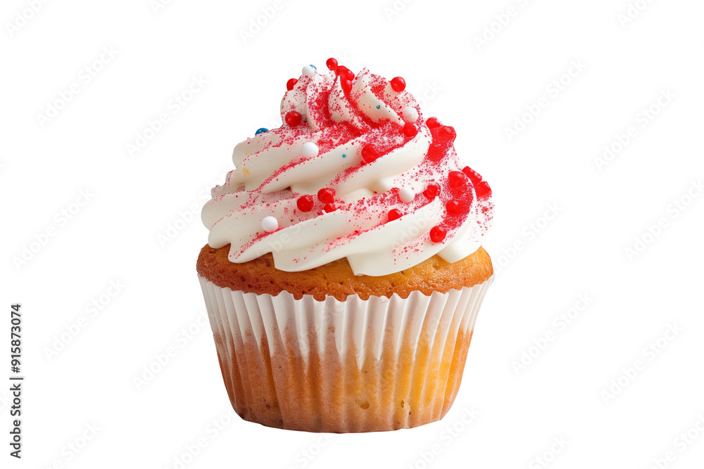 A freshly baked cupcake or muffin topped with rich creamy frosting and chocolate sprinkles, perfect for celebrations. Isolated on white transparent background A freshly baked cupcake or muffin topped with rich creamy frosting and chocolate sprinkles, perfect for celebrations. Isolated on white transparent background
